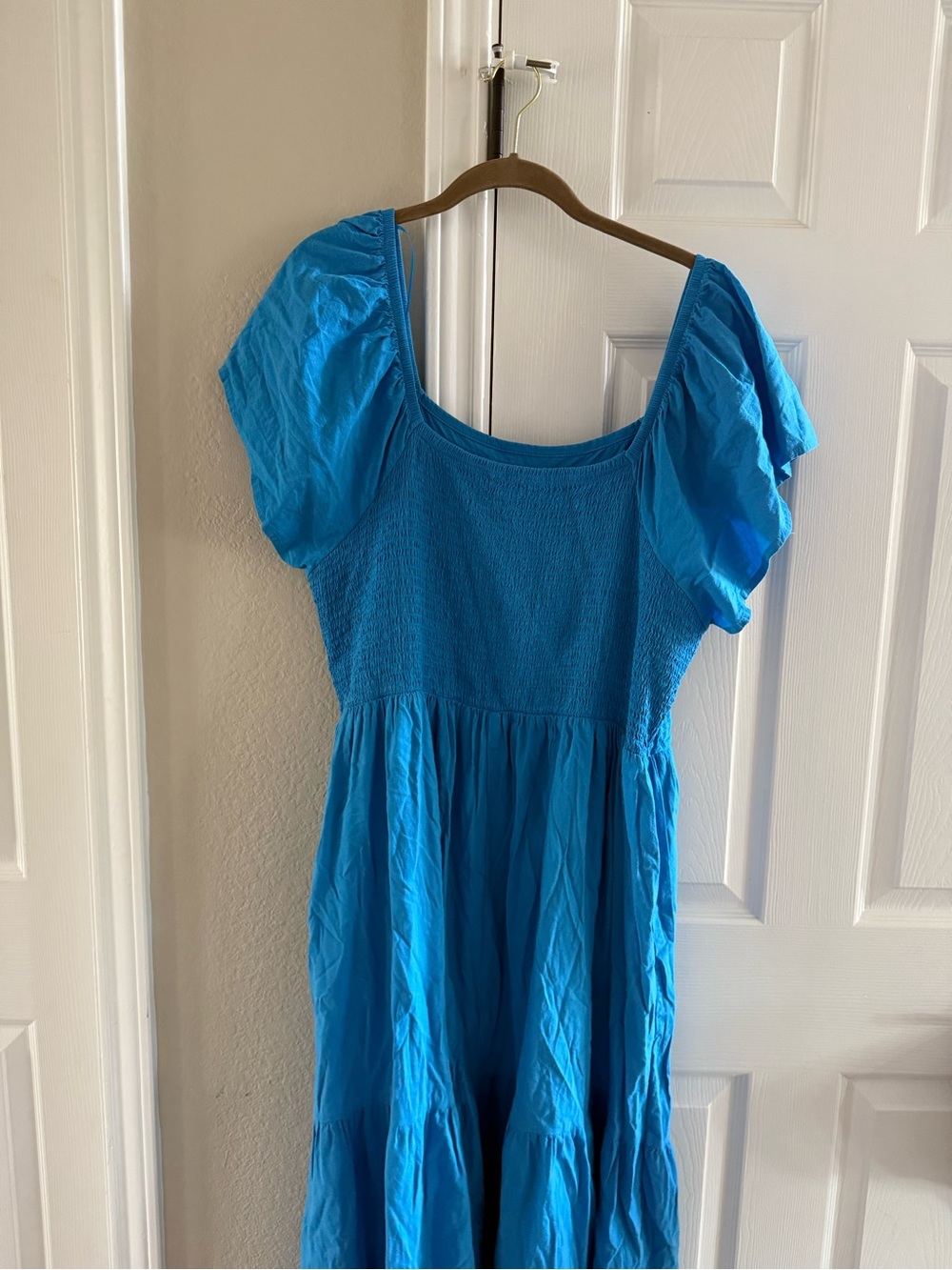 Blue Smocked Puff-Sleeve Dress